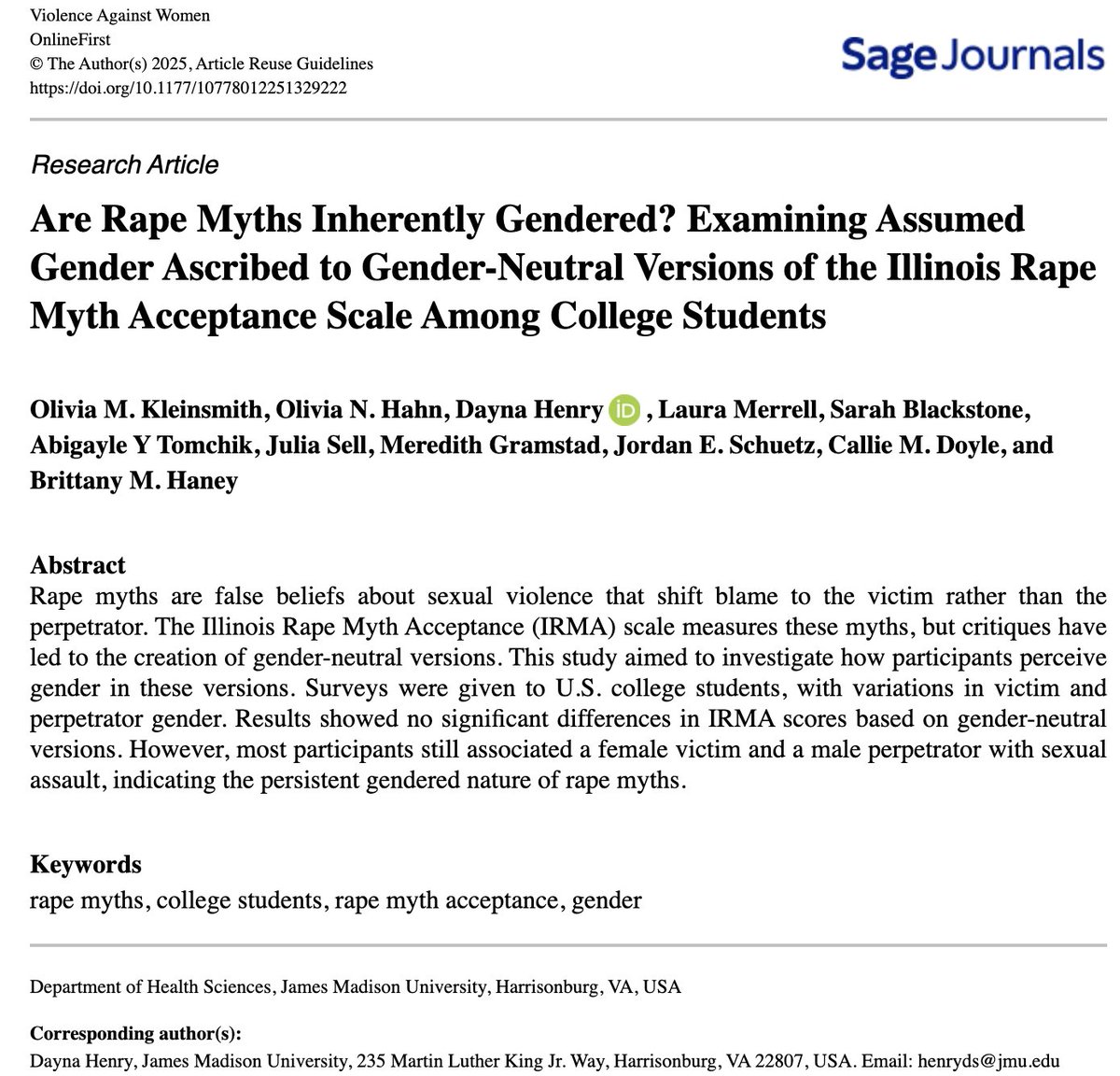 VAWJournal's tweet image. On a gender-neutral rape myth acceptance scale, U.S. college students still pictured a male perpetrator & female victim. The authors' major takeaway? A commonly used scale for measuring rape myths still carries gender bias––time to rethink how we study it.
journals.sagepub.com/doi/full/10.11…