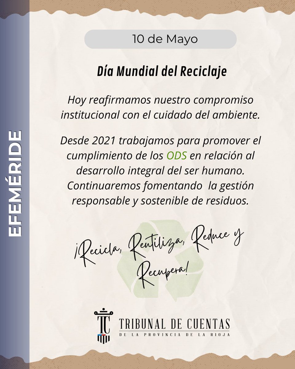 tcplarioja's tweet photo. Reafirmamos nuestro compromiso con el cuidado del ambiente y la gestión responsable de residuos ♻️. Desde 2021 promovemos los #ODS para un desarrollo humano sostenible.
#CuidemosElPlaneta
#DíaMundialDelReciclaje #CambioClimático #FuturoSustentable https://t.co/Wjo0LO6Qkl