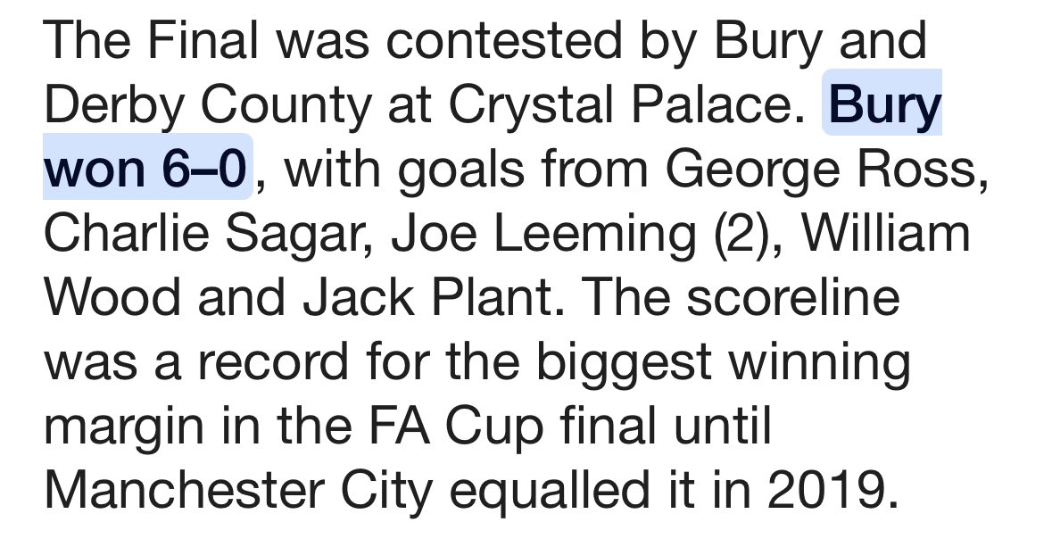 HeyItsMarkH's tweet image. Well done to @CPFC on the FA Cup win! 

Another year of @buryfcofficial’s 1903 FA Cup scoring record unbeaten. 

Fun fact: that game was played at Crystal Palace against Derby County.

Welcome to the hall of fame, Palace! 

#FACup @SkySportsNews @SkySports #BuryFC