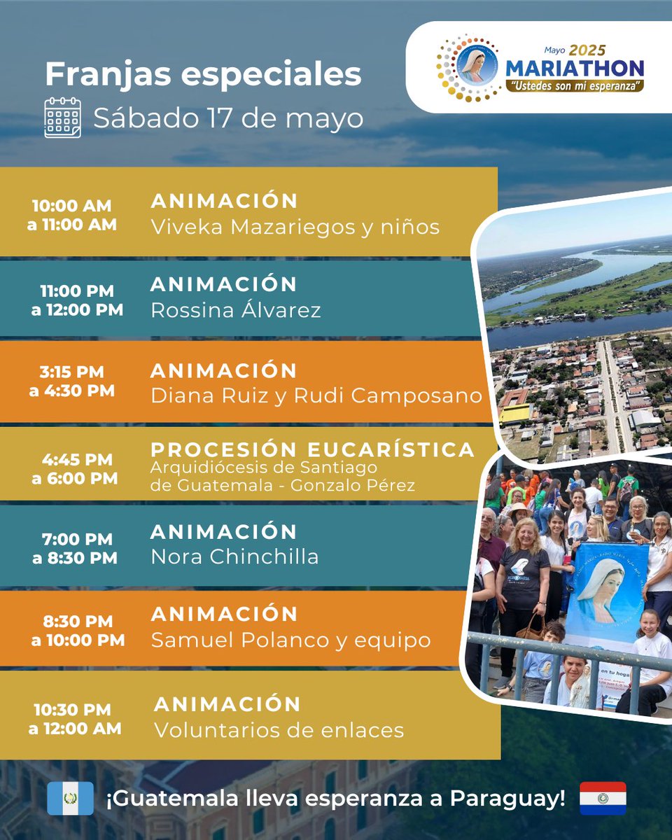 Les compartimos las franjas especiales de animación por Mariathon Mundial para este sábado 17 de mayo.

¡Gracias por su sintonía!

𝗗𝗢𝗡𝗔𝗥
rmguatemala.civi-go.net/mariathon