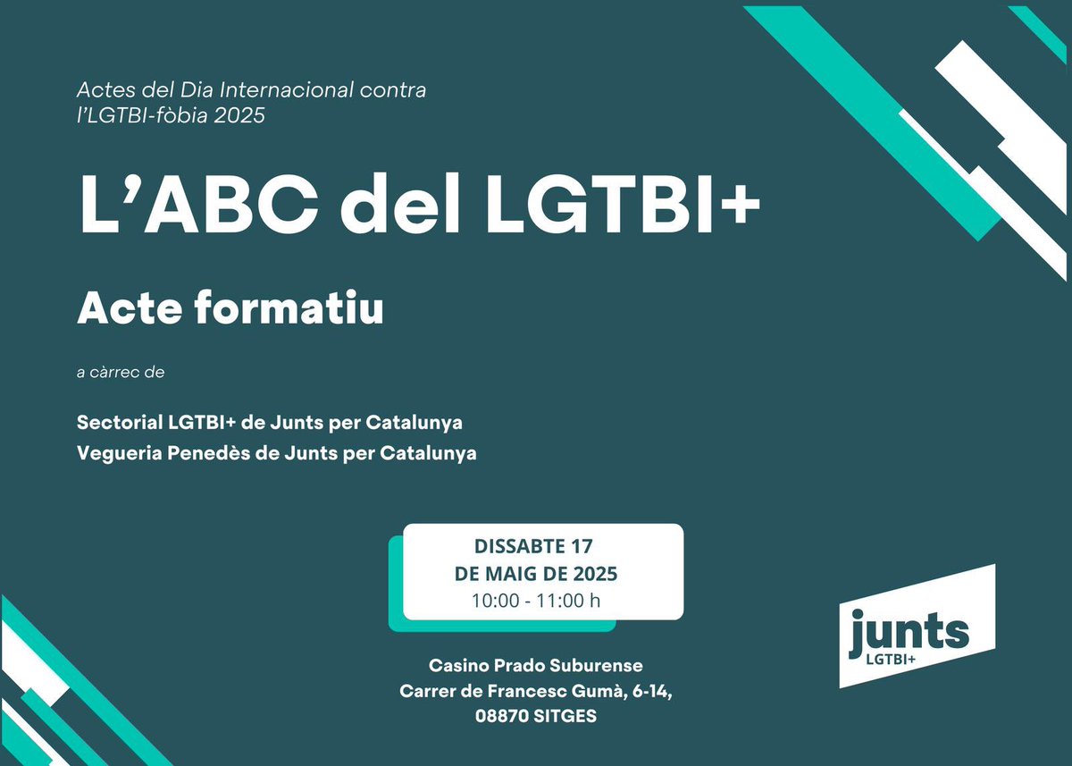 <a href="/juntsLGTBI/">JuntsLGTBI+</a> i <a href="/JuntsPenedes/">Junts Vegueria Penedès</a> lluitem la #LGTBIfobia amb formació

#Sitges
#LGTBI
#StopLGTBIfobia