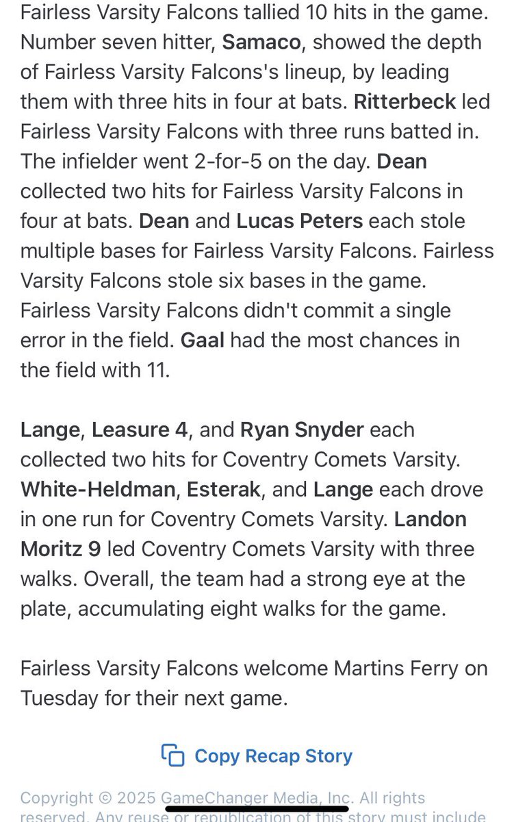 Falcons pick up win number 14 on the year, with a come from behind victory.  Mikey Ritterbeck got a big 2 out 2 run single to tie it in 6th.  Hunter Dean lef off 8th with a single, Blake Gregorich bunted him over to third, and Mikey singled him home for the win.