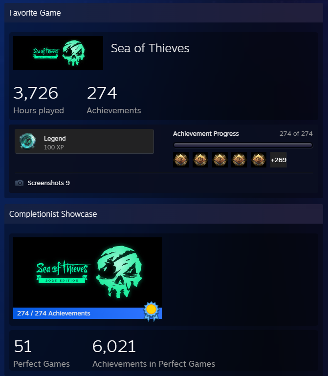 Kokokatten's tweet photo. I started my adventure at the end of Season 9, in September 2023! It took a while + 1.5 golden curse on the way, so I would say you can 100% @SeaOfThieves in about 3000 hours. Now, to check-mark all the commendations!
#LoveSoT #BeMorePirate #SoT #SeaOfThieves #GameCompletionist https://t.co/WUBMBS3lw0