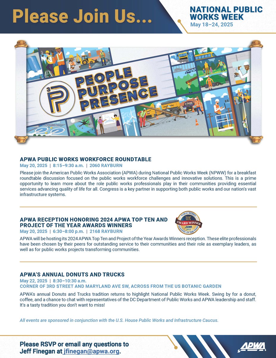 It's National Public Works Week!!!

We will be busy on U.S. Capitol Hill this week with three events; 2 on Tuesday and 1 (Donuts &amp; Trucks) on Thursday. We are spreading the word about great public works leaders and projects.

Watch this channel for daily updates. #NPWW2025