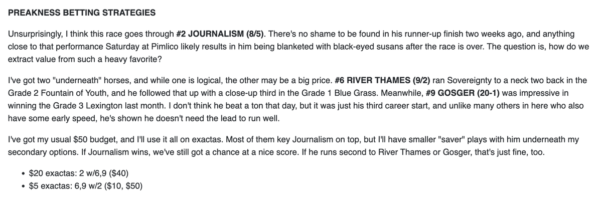 AndrewChampagne's tweet image. As $50 bankroll strategies for the #Preakness go, mine didn't suck.

If you played what I laid out in my @WinnersWhiners tip sheet, you hit the exacta for $20 and extracted lots of value out of Journalism (who was much, much, MUCH the best given the traffic). Hope you crushed it!