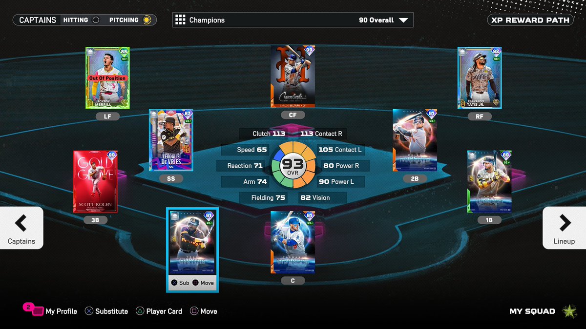 ScramblerLive's tweet photo. With the new content pushing the power creep forward, now is a great time to experiment with *captain boosts* again.
Gonna be testing the Padres captain (+10 boost) in ranked later tonight.
Gwynn is a monster. Tatis wins games by himself.
#scramblin https://t.co/P5UgTnPVk2