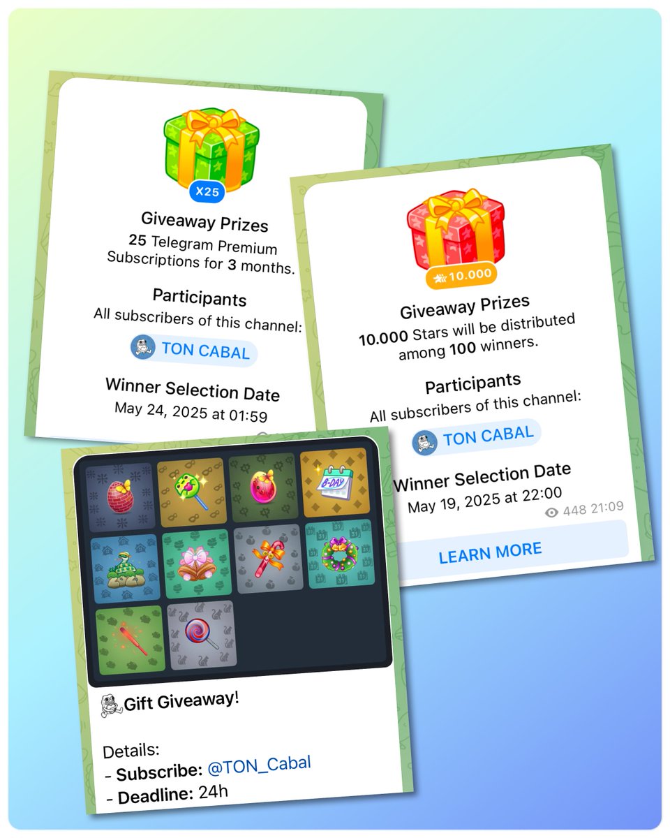 There are 3 active giveaways in TON Cabal. 

• 25 Telegram Premium for 3 months.
• 10000 Tg Stars for 100 people. 
• 10 different NFT Gifts. 

Join and notis on: t.me/TON_Cabal