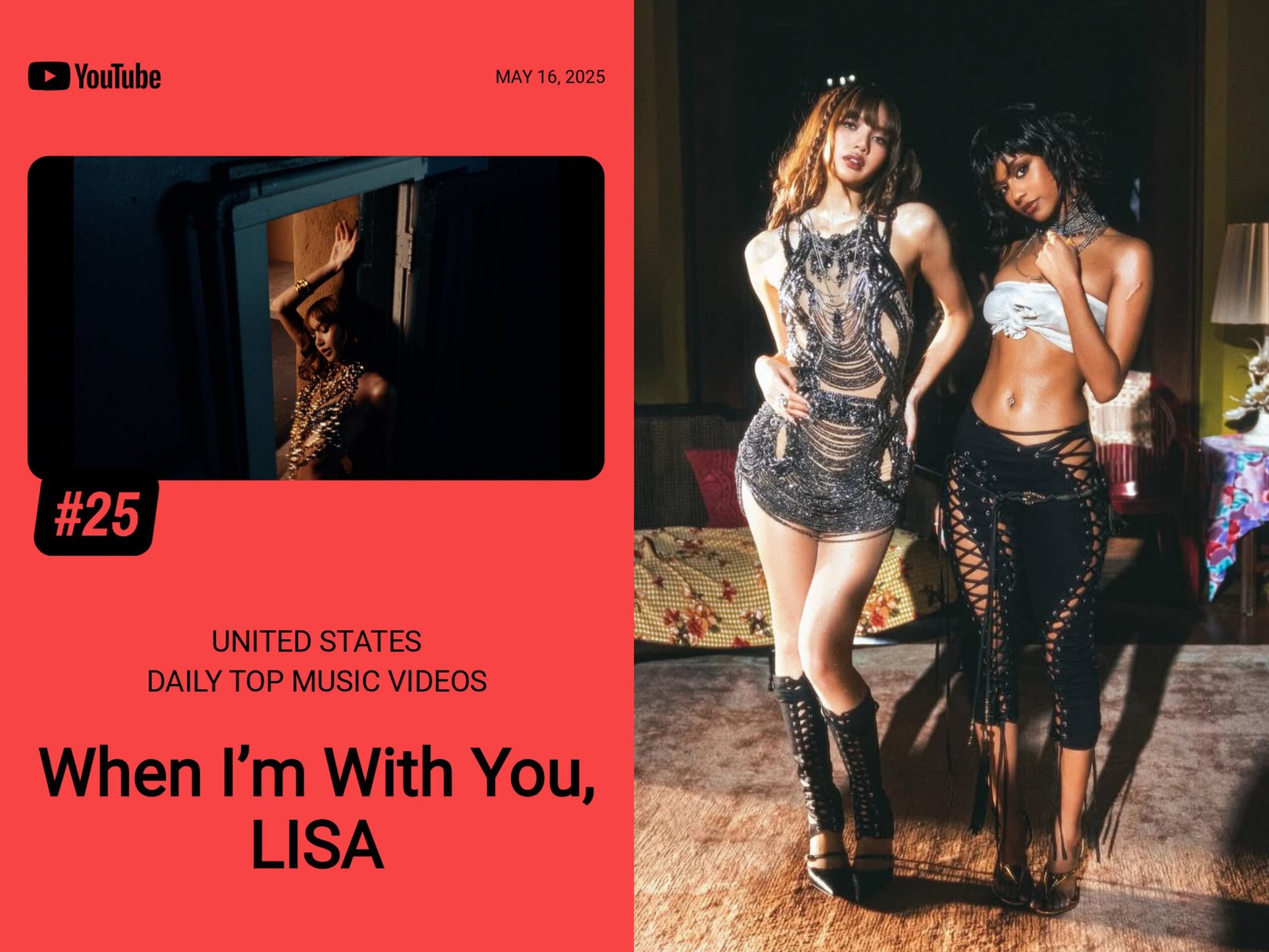 YouTube BLACKPINK on X: 🇺🇸 LISA - When Im With You feat. Tyla debuts  at 25 on YouTube United States Daily Top Music Videos chart.  t.coFZbNaI6RkP  X