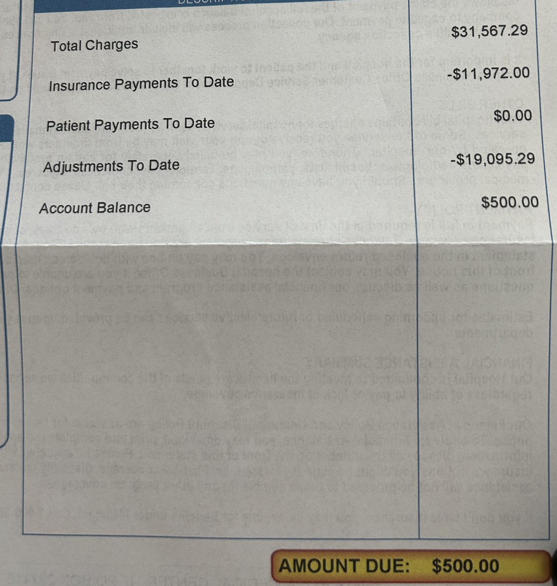 My hospital bill for childbirth, 3.5 days stay. This doesn’t include my doctor bill for the c-section surgery/anesthesia. 

My mom said $500 is what she paid w/out insurance in 1978 for my brothers birth. She used her retirement from two teaching jobs to pay for it.