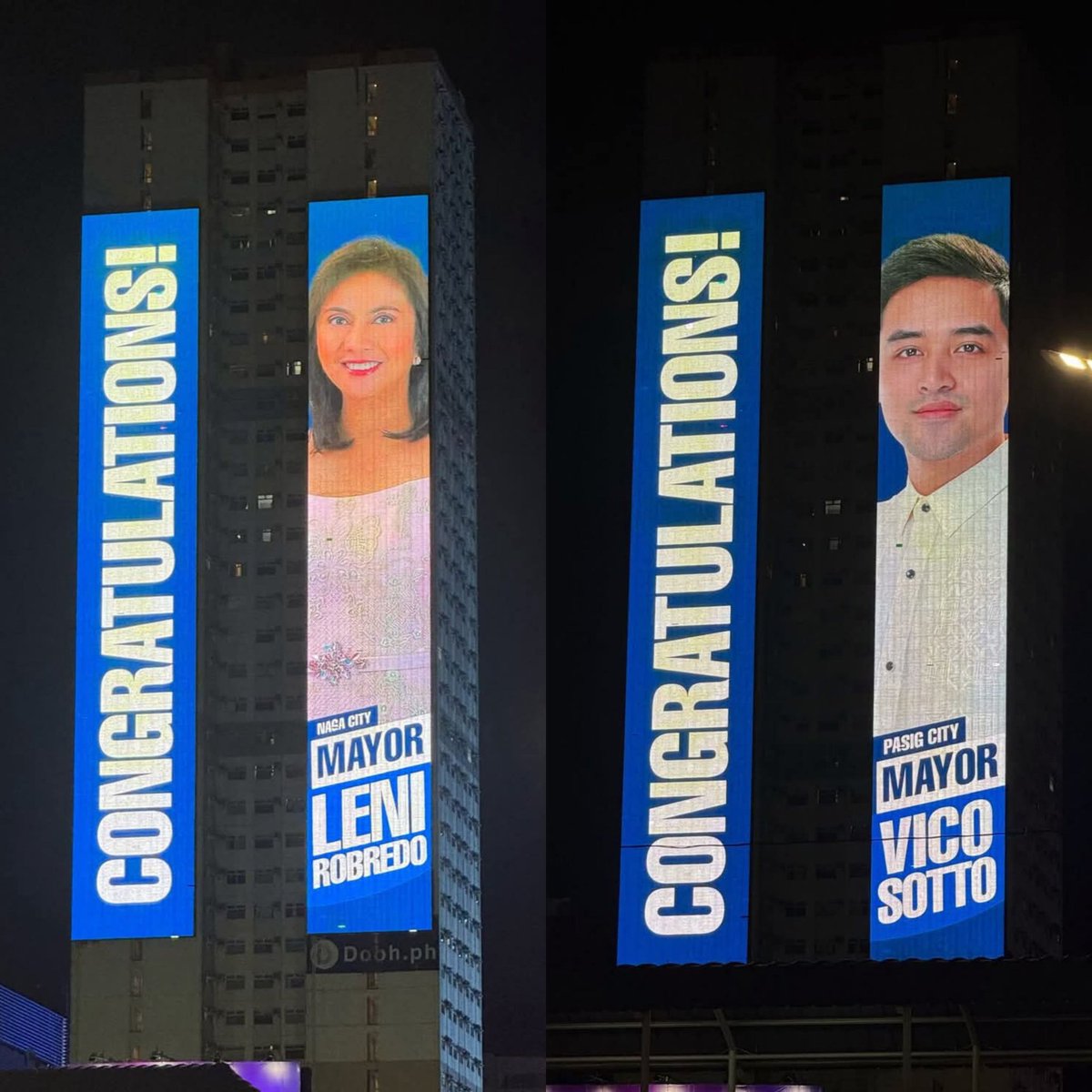 arcelo_ian's tweet image. ITO ANG TRENDING ONLINE: This Urban Deca Tower Condominium within the Mandaluyong-Boni section of EDSA has an LED billboard signalling congratulations to Naga City Mayor Former Vice President Leni Robredo and Pasig City Mayor Vico Sotto at nighttime.