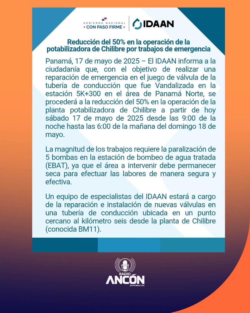 radioanconpa's tweet image. El IDAAN reducirá 50% la operación de la planta de Chilibre de 9:00 p.m. del 17 de mayo a 6:00 a.m. del 18 por daños en tubería vandalizada. Se investigará el hecho. #Panamá #IDAAN