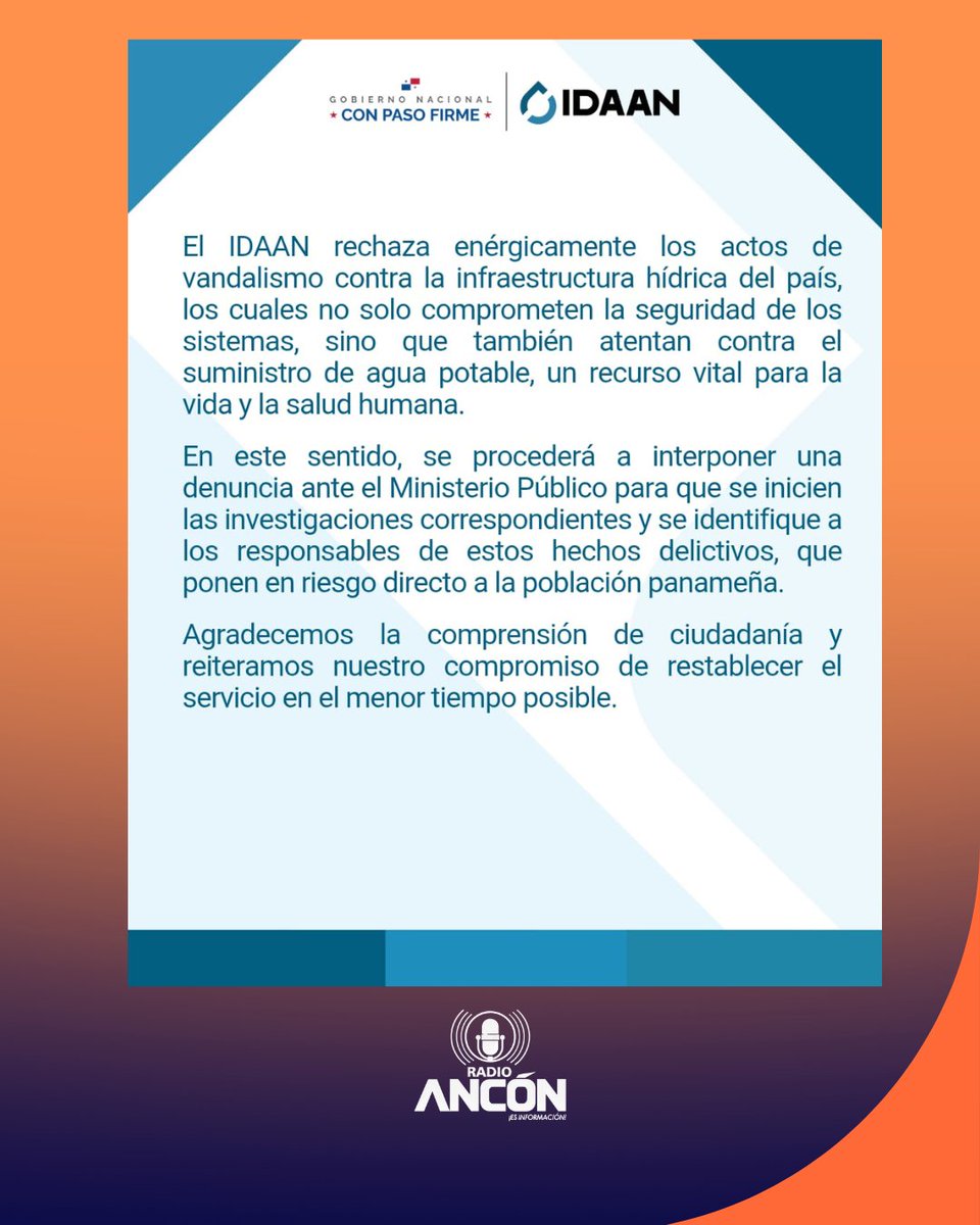 radioanconpa's tweet image. El IDAAN reducirá 50% la operación de la planta de Chilibre de 9:00 p.m. del 17 de mayo a 6:00 a.m. del 18 por daños en tubería vandalizada. Se investigará el hecho. #Panamá #IDAAN