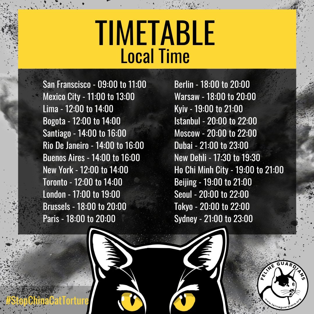 PhaedraXTeddy's tweet photo. If you can't #protest in person against ChineseOnlineCatTorture May18 at Chinese 🇨🇳Consulates, kindly join in #tweetstorm to encourage #China to enact #AnimalProtection laws . For Instructions go to
https://t.co/QQT7cDU9oP. Find your time below. See you there! https://t.co/mLT74CvPw3