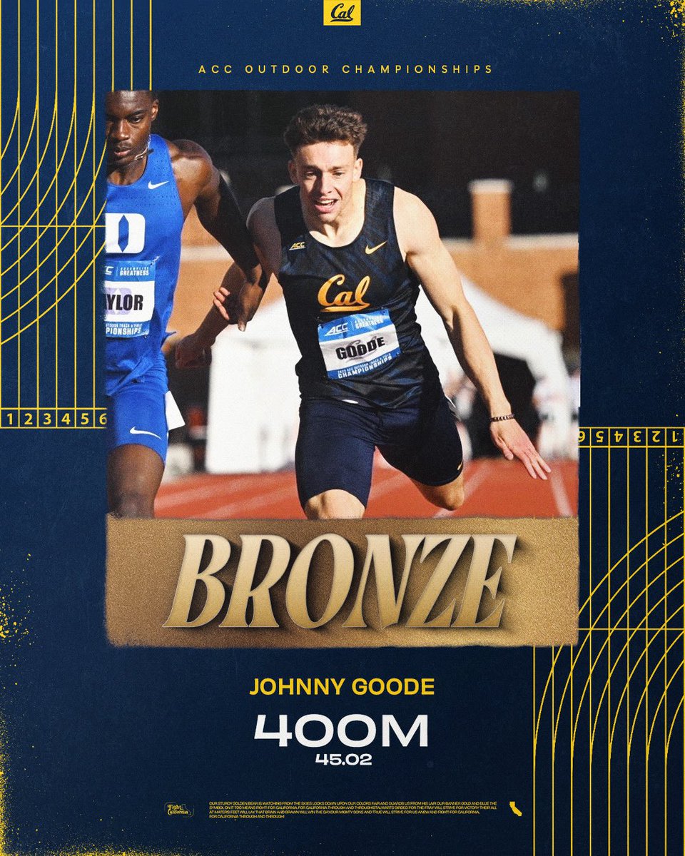 𝐒𝐂𝐇𝐎𝐎𝐋 𝐑𝐄𝐂𝐎𝐑𝐃: 𝐒𝐌𝐀𝐒𝐇𝐄𝐃. 💥 

Johnny Goode obliterates the 40-year-old program mark in the 400m with a time of 45.02 to claim ACC bronze!!

#GoBears🐻
