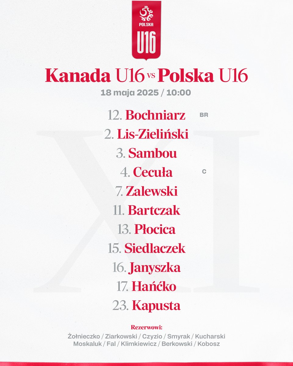 LaczyNasPilka's tweet image. O godz. 10:00 reprezentacja Polski do lat 16 rozpocznie spotkanie z Kanadą. Biało-czerwoni wyjdą na mecz w następującym składzie ⤵️

(📺 Wszystkie mecze obejrzycie na kanale YouTube Warmińsko-Mazurskiego ZPN)
_____
#CANPOL 🇨🇦🇵🇱