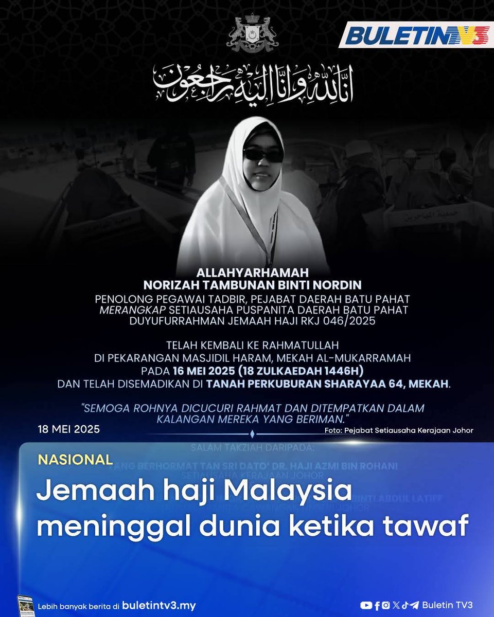 BuletinTV3's tweet photo. NASIONAL | Seorang jemaah dari Rombongan Haji Kerajaan Johor (RKJ) yang tiba di Makkah dilaporkan meninggal dunia di kawasan Kaabah ketika bertawaf. 

#BuletinTV3 #haji #Makkah https://t.co/kYwuDLVjGc