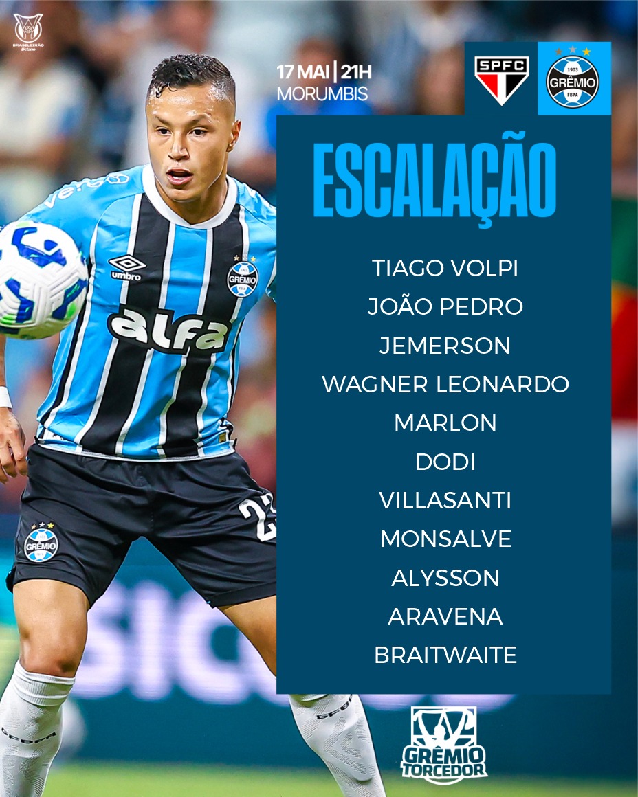 Grêmio escalado, para o confronto contra o São Paulo, no Morumbis.