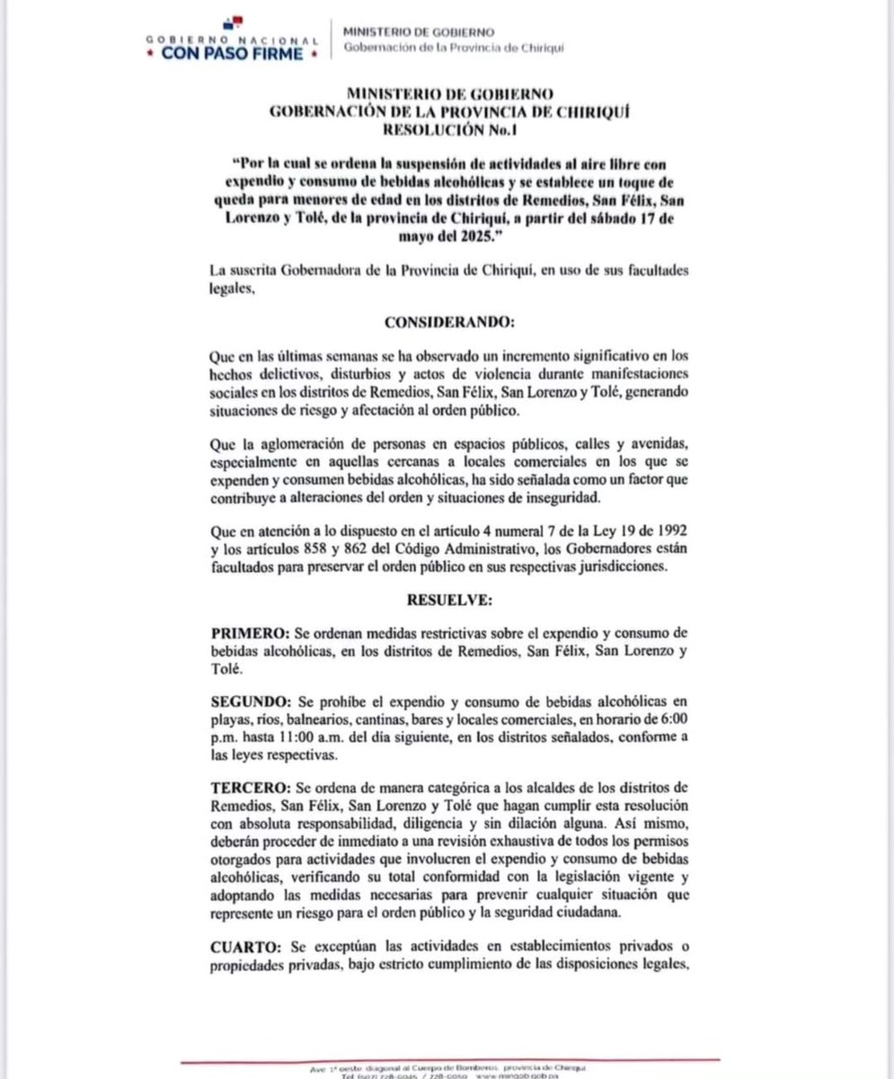 informatpanama's tweet image. #InformatPanamá La Gobernación de Chiriquí anunció la implementación de un toque de queda para menores de edad en los distritos de Remedios, San Félix, San Lorenzo y Tolé, a partir de este 17 de mayo y hasta nuevo aviso.
La medida regirá en horario de 6:00 p.m. a 5:00 a.m. del…