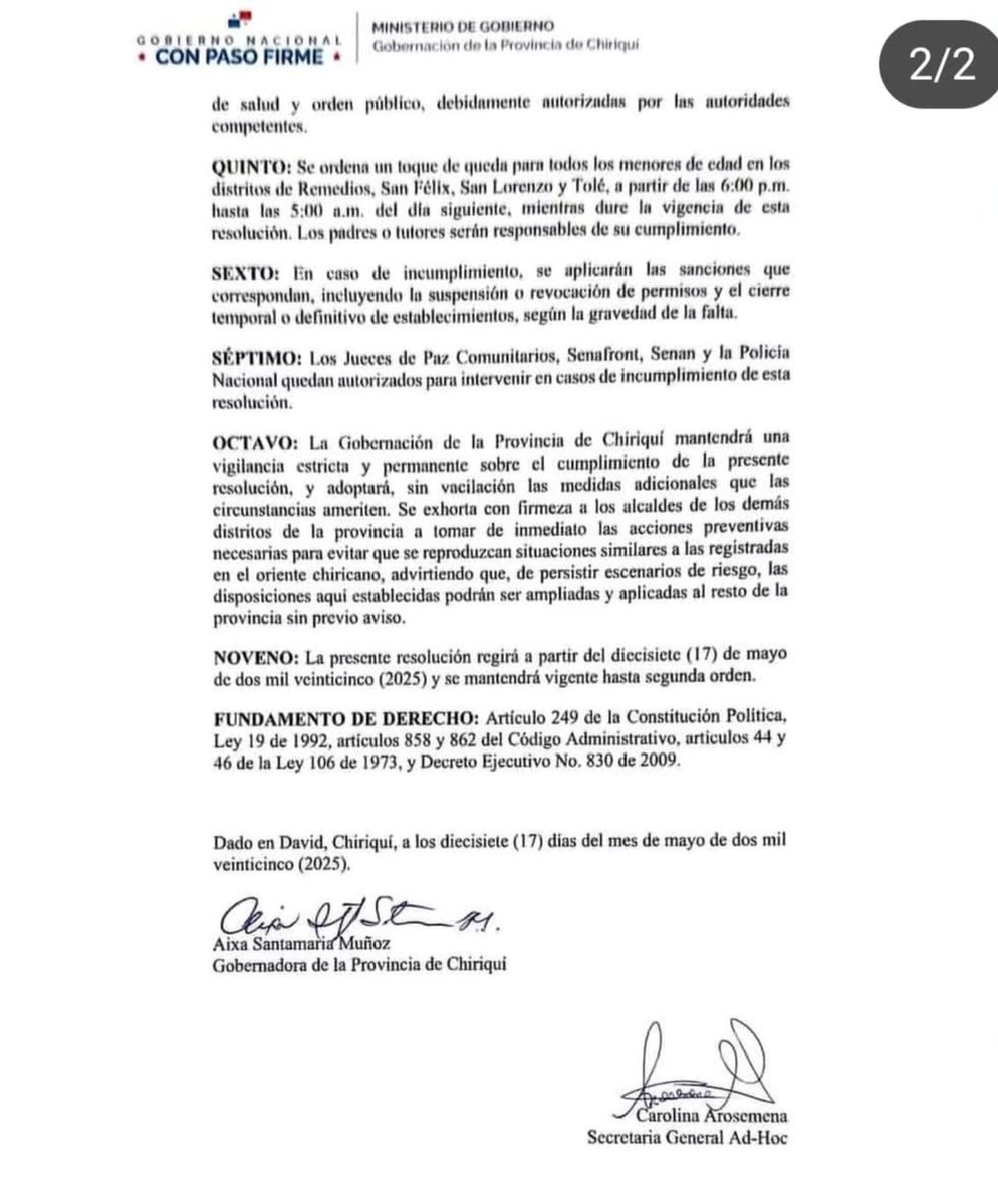 informatpanama's tweet image. #InformatPanamá La Gobernación de Chiriquí anunció la implementación de un toque de queda para menores de edad en los distritos de Remedios, San Félix, San Lorenzo y Tolé, a partir de este 17 de mayo y hasta nuevo aviso.
La medida regirá en horario de 6:00 p.m. a 5:00 a.m. del…
