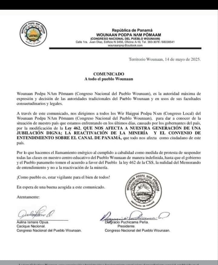 ClaridadPanama1's tweet image. Comunicado de los Wounnan en apoyo a la huelga