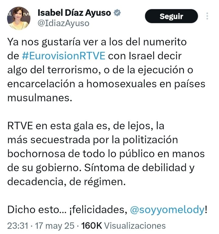 La genocida de las residencias de mayores en la <a href="/ComunidadMadrid/">Comunidad de Madrid</a> durante la pandemia defendiendo el GENOCIDIO que sufren los palestinos. <a href="/IdiazAyuso/">Isabel Díaz Ayuso</a> apesta, es un ser humano manifiestamente mejorable ☠️ #EurovisionRTVE
