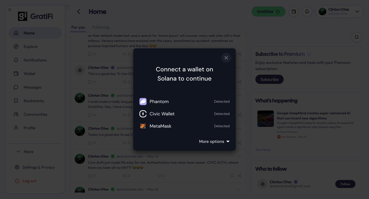 dhantey_ud's tweet photo. 2. With Solana Wallet Adapter integrated into GratiFi, detecting all your wallets is instant ⚡️

From Phantom to MetaMask, we’ve got eyes on every wallet you use 👀💼

And yes — connecting  Civic Wallet is a breeze 🙌

#Solana #CivicKey @civickey https://t.co/dq6B3iFpEg