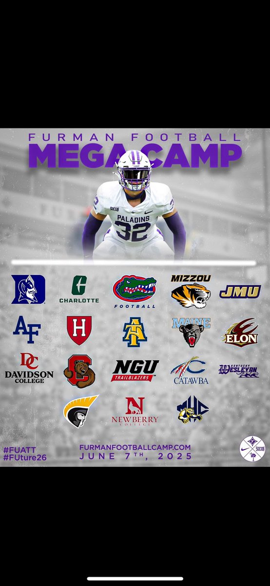 Trent montgomery (@trentmontgnct) on Twitter photo Coaches!! I will be attending <a href="/PaladinFootball/">Furman Football</a> Mega camp on June 7th!
Looking forward to creating relationships ships and competing!💪🏾
<a href="/DanSwanstrom/">Dan Swanstrom</a> <a href="/DSGBCoachCam/">Coach Cam Gibson</a> <a href="/JMUFootball/">JMU Football</a> <a href="/coach_bnapier/">COACH BILLY NAPIER</a> <a href="/CoachStevensFB/">Jordan Stevens</a> <a href="/NatureCoastFB/">Nature Coast Tech Football 🦈🏈</a> <a href="/NCTAthletics/">NCT Athletics</a> <a href="/HernandoCtyFB/">HernandoCountyFB</a> <a href="/CoachKaz352/">Coach Kaz</a> Coaches!! I will be attending <a href="/PaladinFootball/">Furman Football</a> Mega camp on June 7th!
Looking forward to creating relationships ships and competing!💪🏾
<a href="/DanSwanstrom/">Dan Swanstrom</a> <a href="/DSGBCoachCam/">Coach Cam Gibson</a> <a href="/JMUFootball/">JMU Football</a> <a href="/coach_bnapier/">COACH BILLY NAPIER</a> <a href="/CoachStevensFB/">Jordan Stevens</a> <a href="/NatureCoastFB/">Nature Coast Tech Football 🦈🏈</a> <a href="/NCTAthletics/">NCT Athletics</a> <a href="/HernandoCtyFB/">HernandoCountyFB</a> <a href="/CoachKaz352/">Coach Kaz</a>