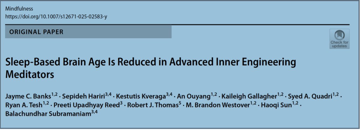 balachundhar's tweet image. Our new study in Mindfulness (rdcu.be/emo2O) shows advanced meditators have a 5.9-year younger brain age! Meditation may hold the key to reversing brain aging. Proud to be part of this groundbreaking research
@HarvardHealth @harvardmed @SadhguruJV @InnerEngineering