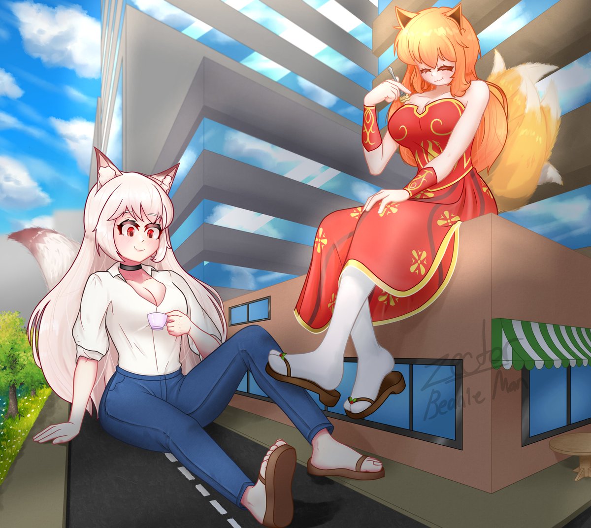 The_BeanieMan's tweet photo. Refreshments - Comm for @ReynaIsheen &amp; @watchwolf7 

Luna and Scarlet found a café to enjoy some tea and cake! Hopefully they won't forget to shrink the tableware back down to normal this time...
#giantess #sizetwitter #sfwgt #巨大娘 https://t.co/zPPp3SQhcQ