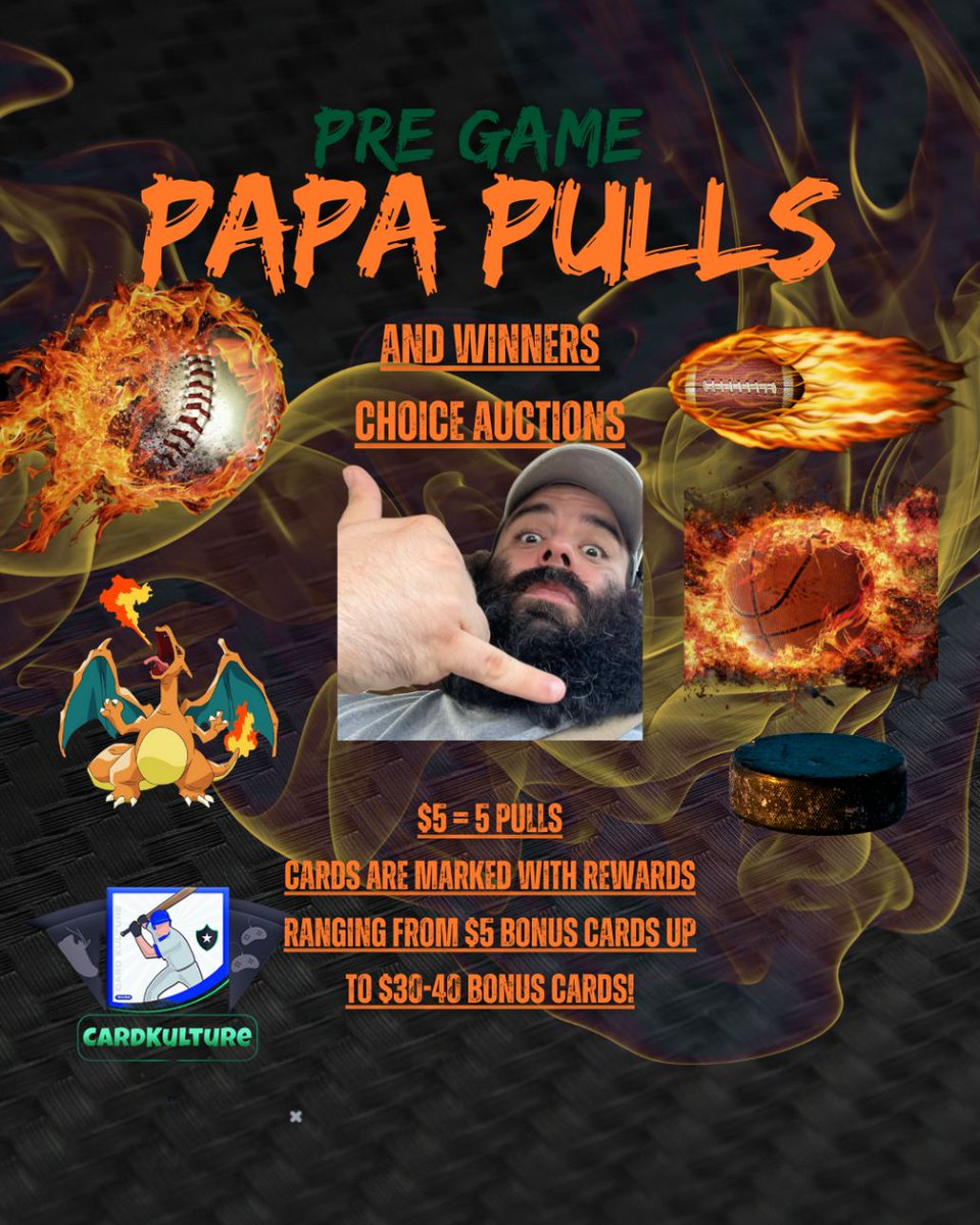 🎉 Papayon’s Pregame Show goes LIVE Saturday night at 8PM EST!

🔥 $5 = 5 Papa Pulls
💎 Bonus hits scattered throughout
⚡️ Live card auctions running all night
📦 Deals, steals, and hobby heat you don’t wanna miss

Come vibe with us!