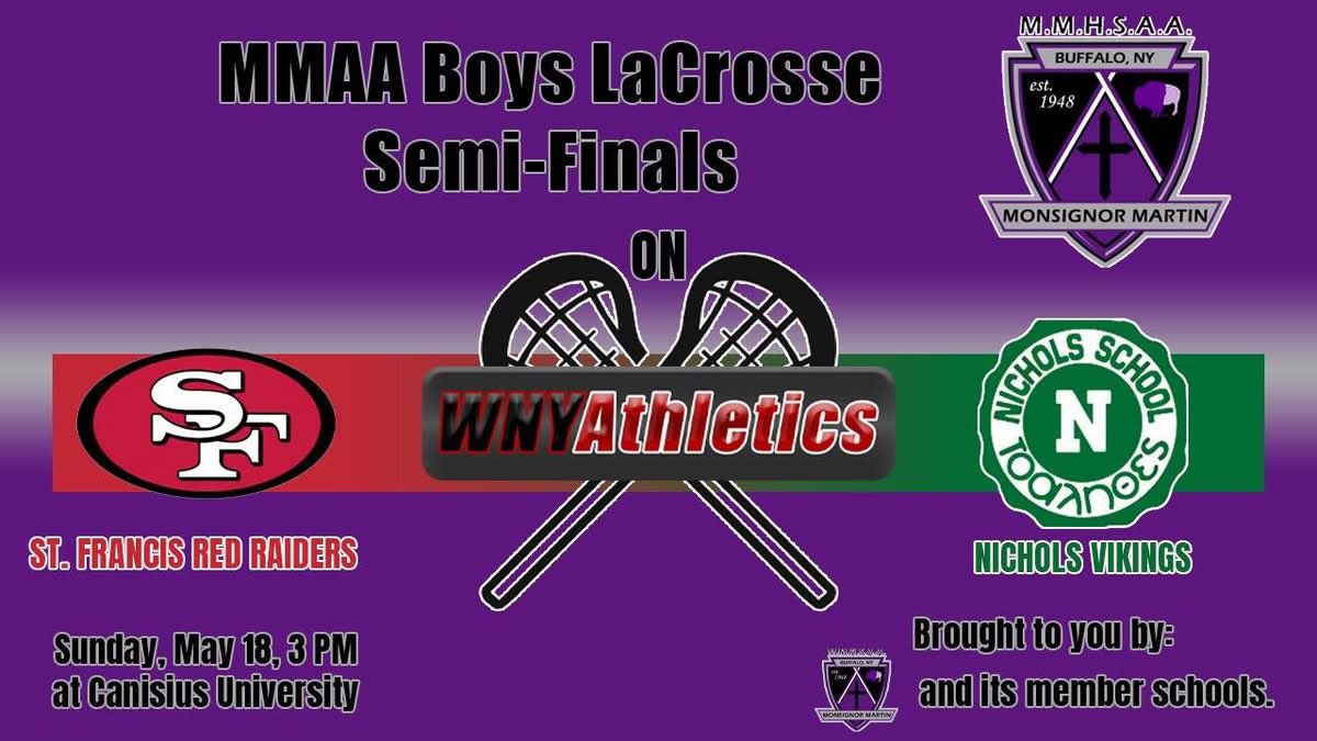 ByJoeKraus's tweet photo. .@MonsignorMartin 🥍 @Canisius_Univ on @WNYAthletics YouTube/X/Facebook!

Sunday MMAA Boys Semis
3 PM @SFHS_Athletics at @LaxNichols 
5 PM @CanisiusSports at @SJCIAthletics 

Monday @CHSAA Girls NYS Class A Final
Noon @SJB_DHS at @NicholsVikings 

Tuesday 6 PM MMAA Boys Final https://t.co/nBIpiIkWm9