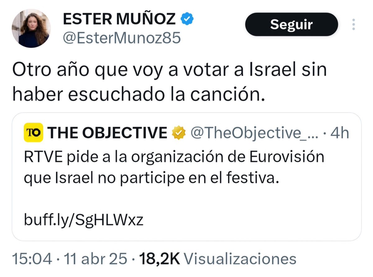 _Gafas_y_reloj_'s tweet image. Muchas veces pienso que quienes apoyan a Israel son incluso peores que ese país, su Ejército y el sionismo.

La diputada Ester Muñoz (PP) así lo confirmó en uno de los tweets más repulsivos que he leído jamás: el apoyo a los canallas por hacer daño a un Gobierno.

#EurovisionRTVE