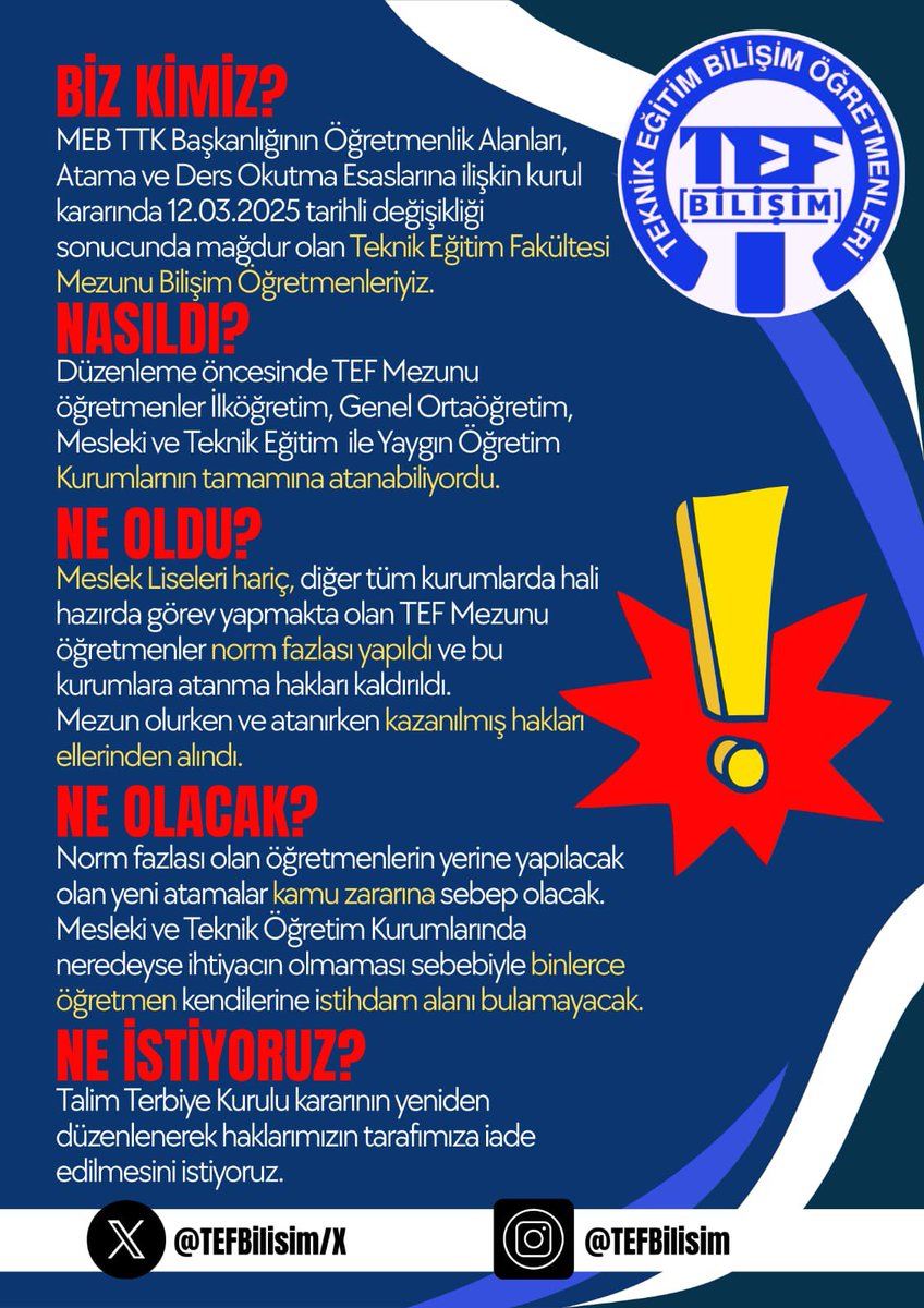 <a href="/TEFBilisim/">Teknik Eğitim Bilişim Öğretmenleri</a> 

#TEFHakkiniGeriİstiyor

<a href="/Yusuf__Tekin/">Yusuf Tekin</a> <a href="/CihadDemirli/">Cihad Demirli</a> <a href="/_aliyalcin_/">Ali YALÇIN</a> <a href="/RamazanCakirci/">Ramazan Çakırcı</a> <a href="/EgitimBirSen/">Eğitim-Bir-Sen</a>
