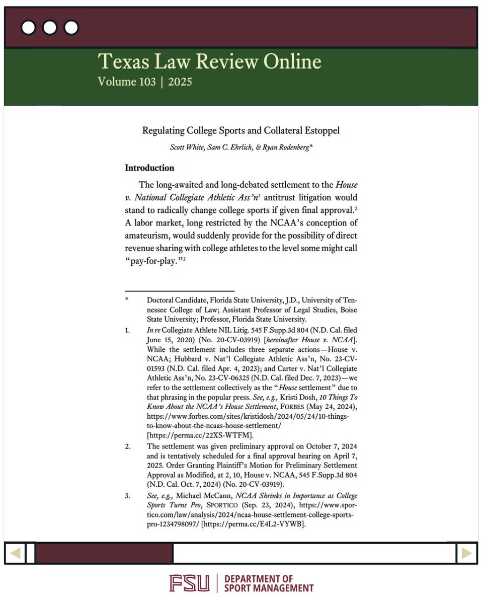 FSUSport's tweet image. π New publication alert!
Congrats to Dr. Ryan Rodenberg (FSU), Dr. Sam Ehrlich (Boise State), & Scott White (FSU PhD) on their article in Texas Law Review Online on the House v. NCAA settlement & the future of college sports law.
π Read here: tr.ee/M6P9EnXz85
#FSUSPM