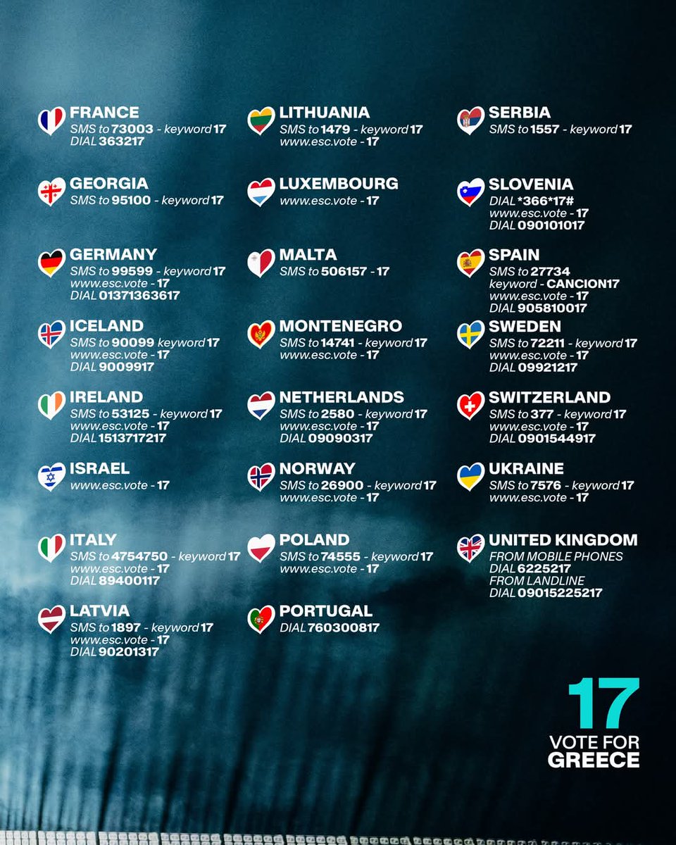 GGWorld's tweet image. How to vote for Greece's entry tonight - #No17,  #Klavdia and #Asteromata!
Ευχαριστούμε!
#GoGreece 🇬🇷💙🇬🇷
Good Luck #17 - Καλή Επιτυχία Ελλάδα!
#VOTE17 #VoteGreece #Eurovision