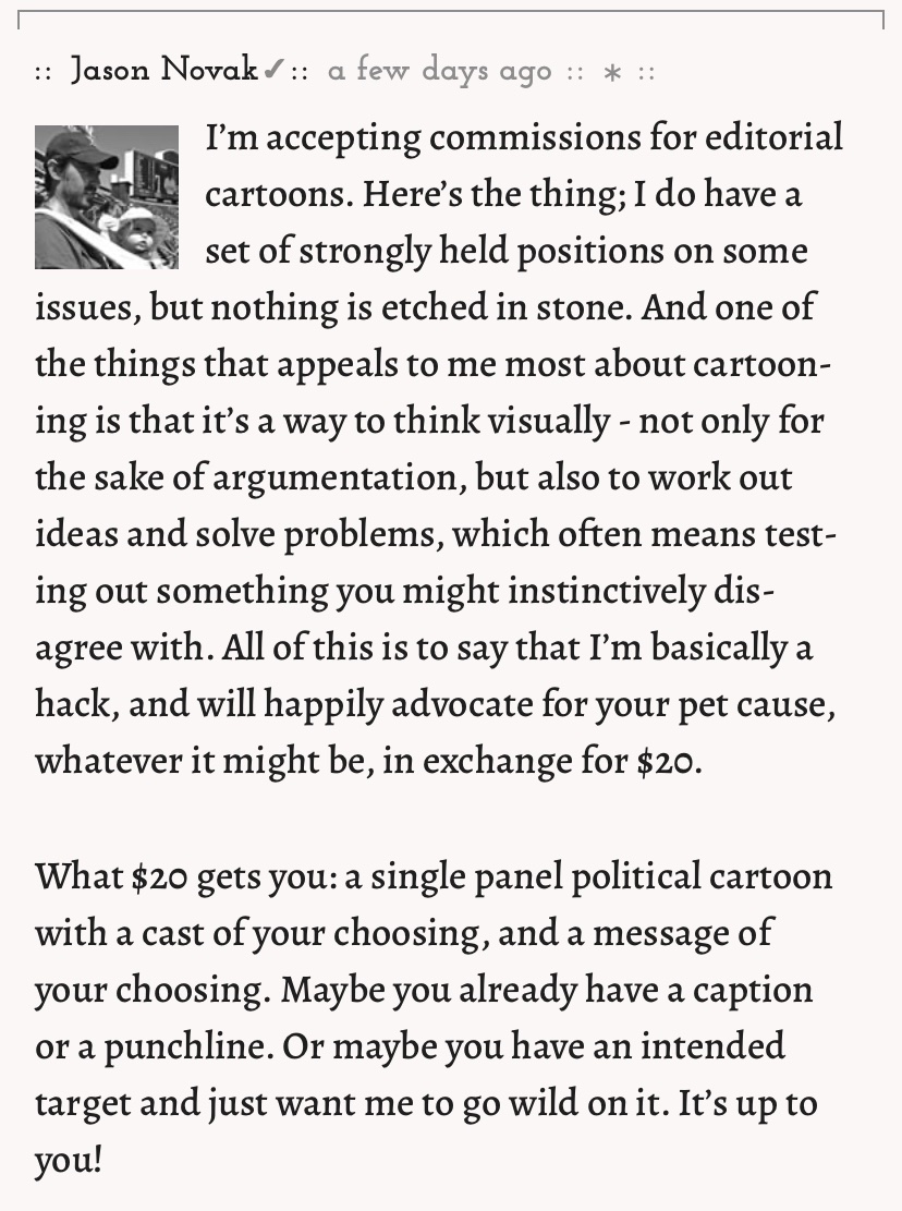Over at Radiopaper, I’m selling customized cartoons for $20.