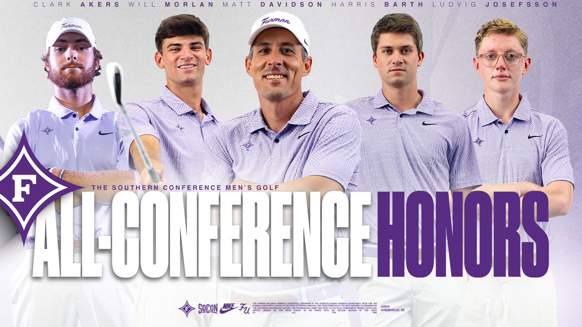 FurmanGolf's tweet photo. As our season has come to an end we are very proud of how our guys worked and competed throughout the whole year! We ended the year with 5 all conference honors, an at large bid for regionals, and finishing the year ranked 64th in the country! #alldin🟣⚪️ https://t.co/9CjN5Rzw70