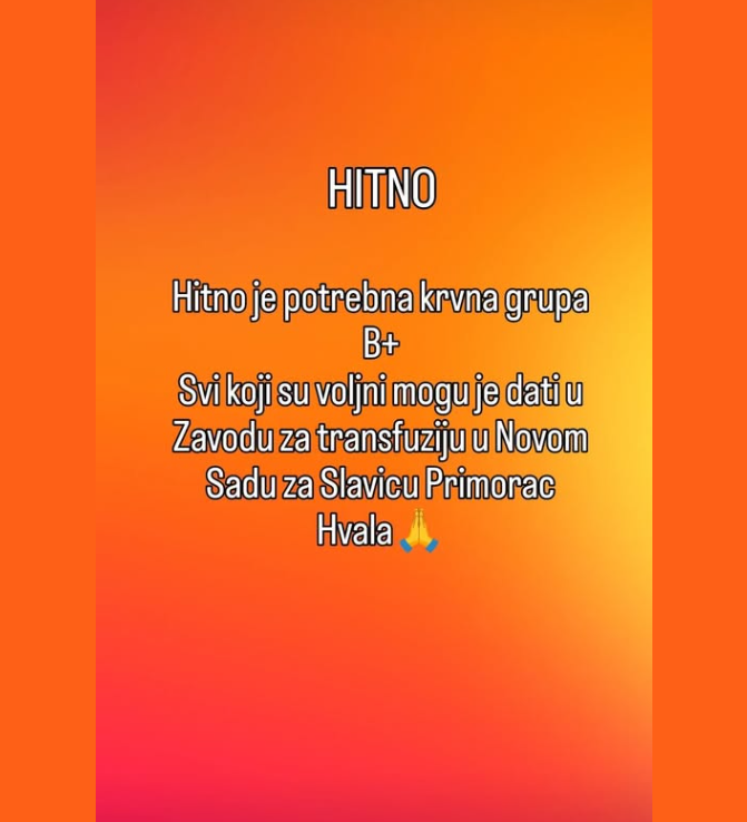DavaociKrvi's tweet photo. Hitno potrebna krvna grupa B+  za Slavicu Primorac, Novi Sad. Krv se daje u Novom Sadu. Molim vas podelite! https://t.co/hyo81LPp1T