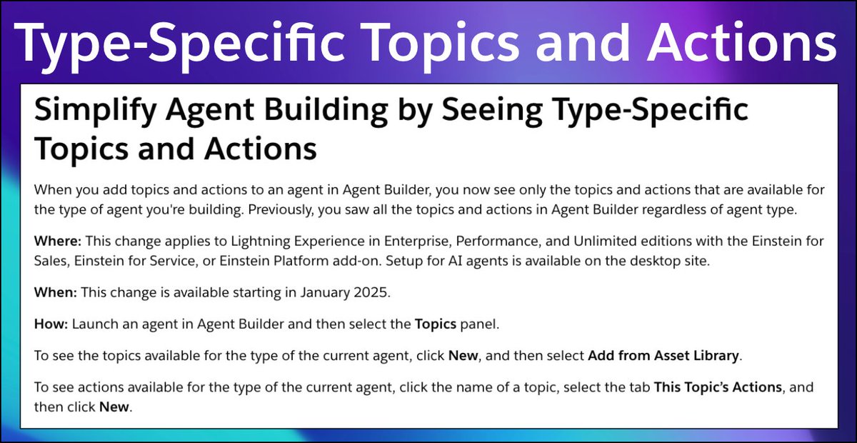 🎯 Building the right agent just got easier in Agent Builder!
Now, when you add topics and actions, you'll only see what's relevant to your agent type—no more clutter.

✅ Stay focused. Save time. Build smarter.
🔗 Try it out now: sforce.co/4jVz3tX