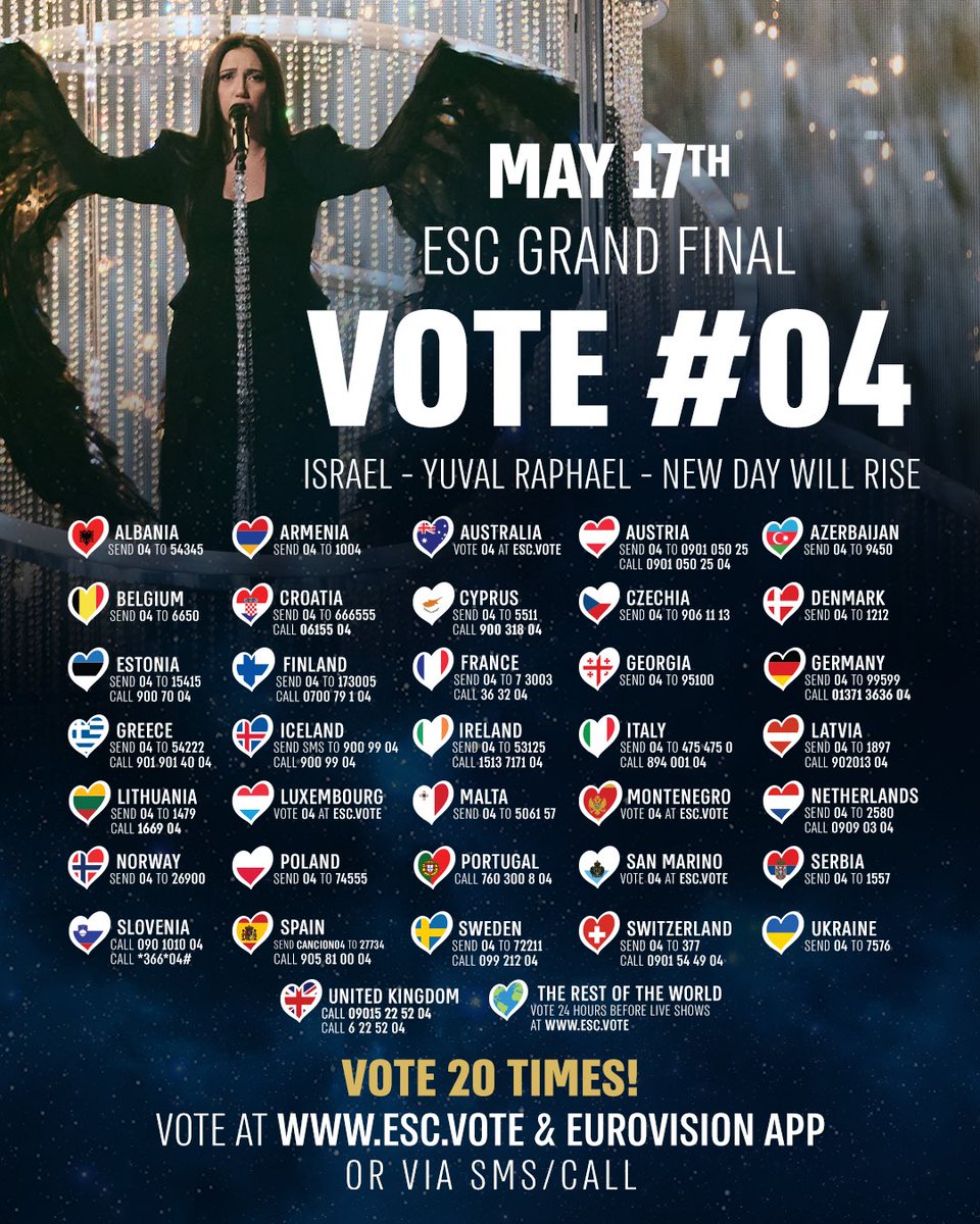 Israel's tweet photo. Voting is officially OPEN! 

Tonight at the @Eurovision - we unite for Yuval 💙

Vote #04 for New Day Will Rise! >> https://t.co/L5aFJhmajU https://t.co/E7M2ipq9aD