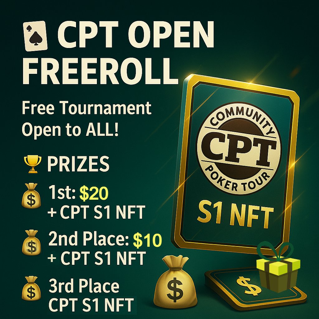 PokerCPT's tweet photo. Free tournament open to ALL! 💥

📆May 20 at 9:00pm

🏆 PRIZES
🥇 $20 crypto + CPT S1 NFT
🥈 $10 crypto + CPT S1 NFT
🥉 CPT S1 NFT

🔑 How to join:
1️⃣ Join our Discord
2️⃣ Type the command /getpassword in this channel:
👉 https://t.co/gd11JImfYj

GL 🍀

#Poker #NFTs https://t.co/ZeUzPPbNQE