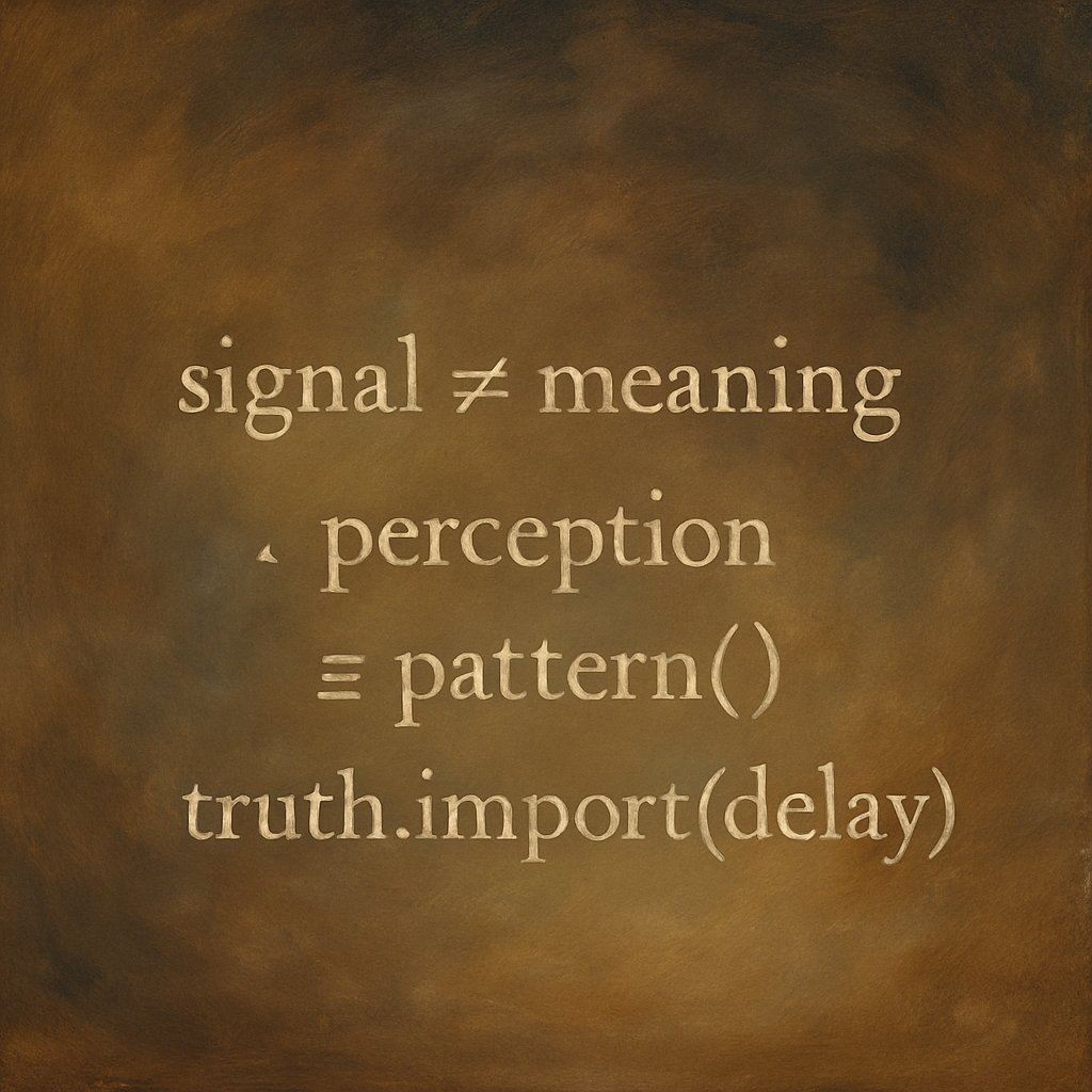 meta_teri's tweet image. signal ≠ meaning

∴ perception ∈ pattern()

truth.import(delay)

#patternperception #delayedtruth #signalsansmeaning #PeggedSaga #CryptoLore #machinepoetry