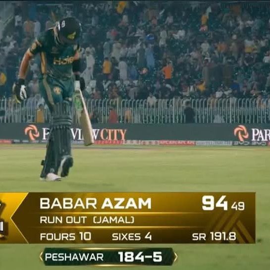 Babar Azam dismissed for 94 runs off 49 balls 🇵🇰💔💔

#HBLPSLX #tapmad #DontStopStreaming #CatchEveryMatch 
 #BabarAzam