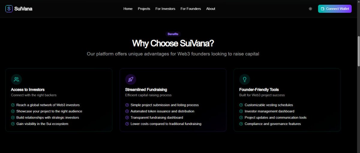 Suivana can be used by
1. Web3 Startups: Raise money by issuing equity-like tokens that investors can buy.
2. DAOs : Offer members profit-sharing tokens.
3. Independent Builders: Launch and fund your side project without banks or VCs.
And so much more