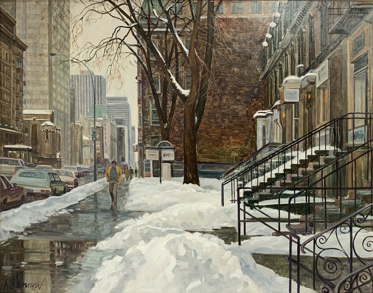 Andris Leimanis oil on canvas, "Sherbrooke St. after a spring snow storm near Guy St. facing east". 24" x 30"
Auction: Sunday, May 18, 2025. Closing starts at 7:30 pm.
coachhouseauctions.hibid.com/auctions
Andris Leimanis huile sur toile, "Rue Sherbrooke après une tempête de neige printanière