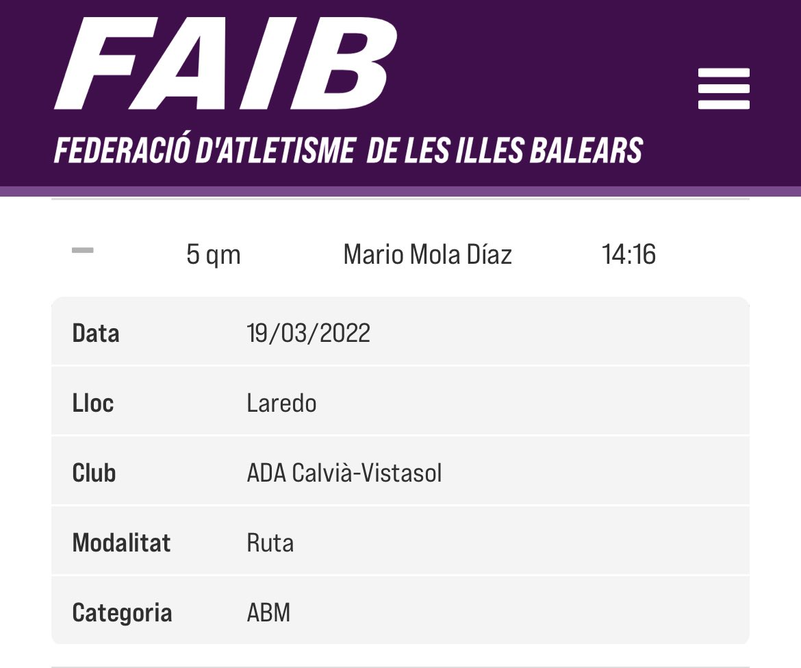 David Palacio, NOU RÈCORD DE BALEARS DE 5 KM: 14:12! 🔥 
El veterà del <a href="/BikilaClub/">BikilaClubAtletismo</a> ha quedat a una passa del pòdium a Pollença, però millorant en 4” la plusmarca de Mario Mola (avui 6è amb extraordinària cursa). Enhorabona! 👏🏼 

<a href="/esportsIB/">esportsIB</a> <a href="/PALAS800/">David Palacio Martin</a> #atletesfaib #recordsfaib