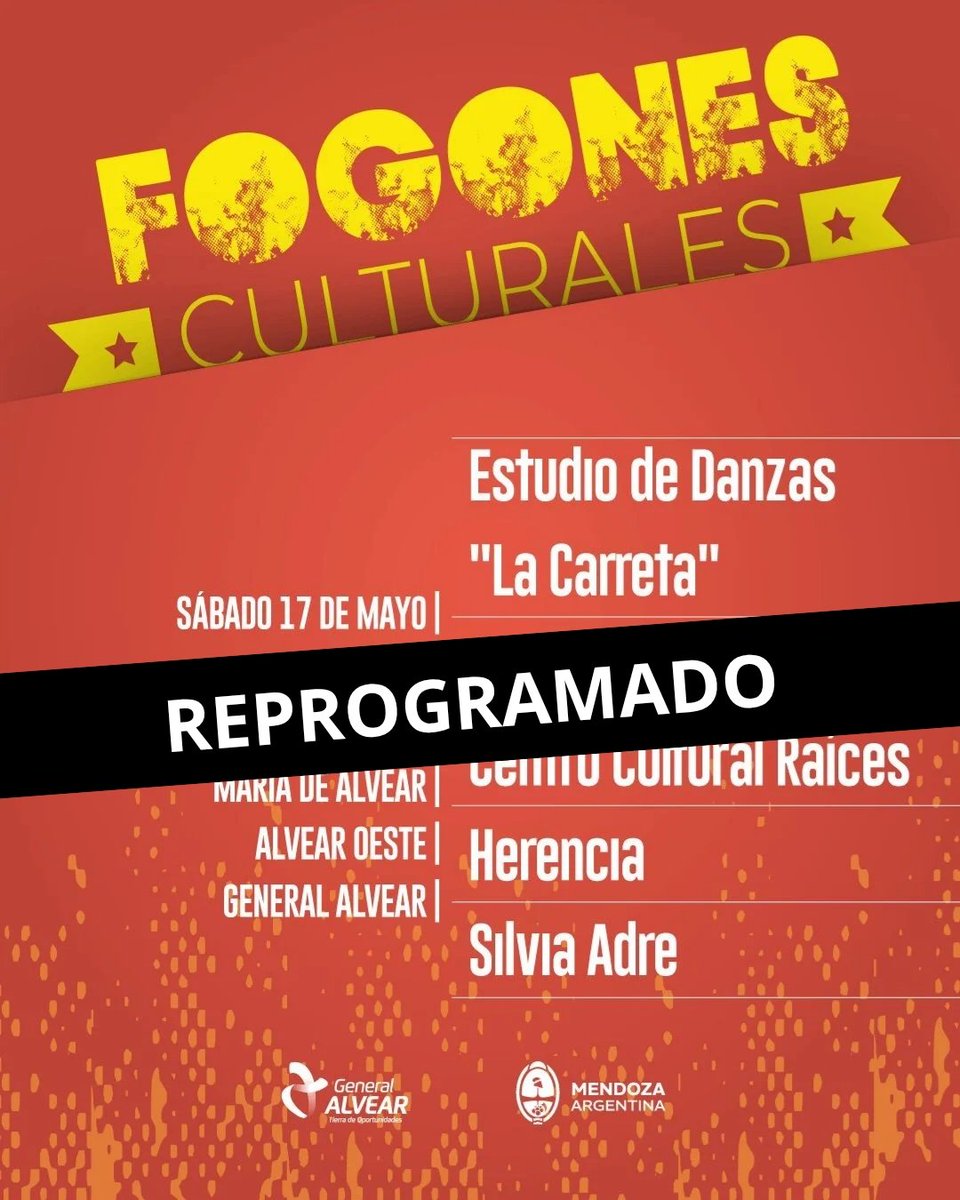 Cultura_Mza's tweet photo. #InformaciónImportante
Debido al viento Zonda en el departamento de General Alvear, se #Reprograma el fogón cultural de este sábado 17 de mayo.
⚠️ Pronto anunciaremos la nueva fecha.
#CulturaMendoza https://t.co/eXb98z5vxV