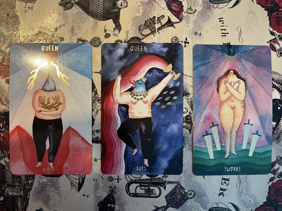avelinewinter's tweet photo. Is it weird that I’m about to watch Six, about the six wives of Henry VIII, and pulled cards with 2 queens and 4 swords? And how odd is it that 2 of the queens were beheaded and this deck shows human bodies that transition to birds at the neck? https://t.co/bbkjzze7i0