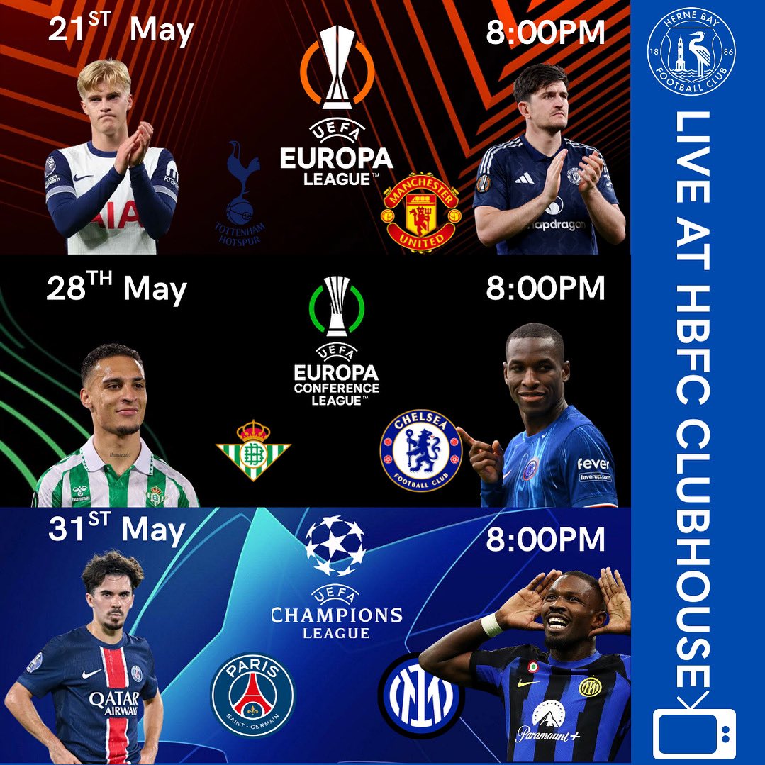 All action across the European Finals will be shown Live at Herne Bay FC Clubhouse!

#HBFC  | #WeAreTheBay