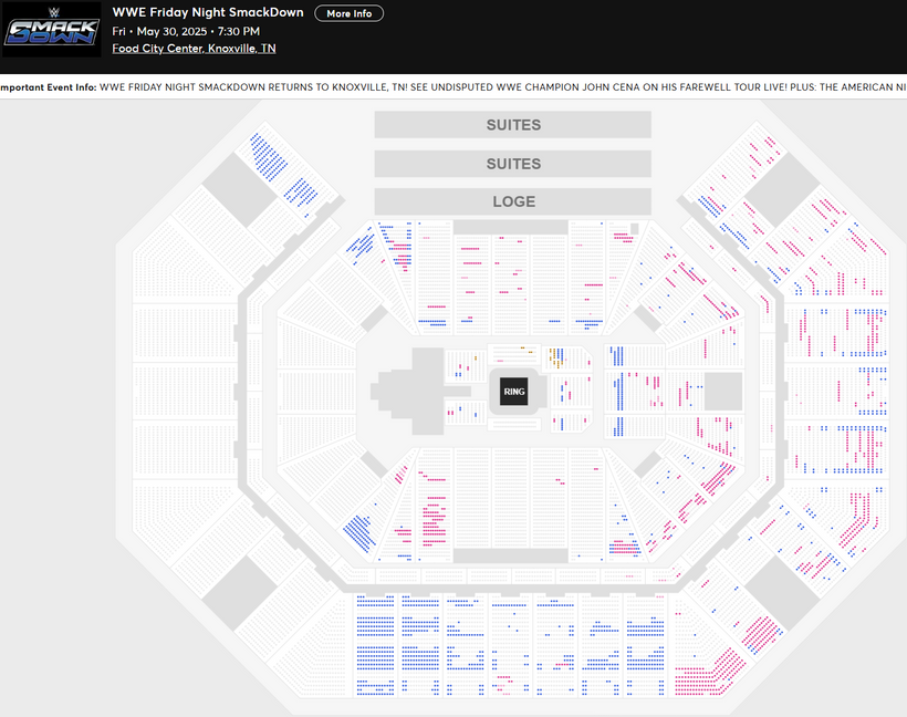 WWE Friday Night SmackDown
Fri • May 30, 2025 • 7:30 PM
Food City Center, Knoxville, TN

Available Tickets: 1,628
Current Setup: 14,841
Tickets Distributed: 13,213

📈 +130 since the last update (7 days ago)
📅 Days until show: 13
📊 YTD Avg: 11,606
⏮ 5/12/2023 Smackdown: